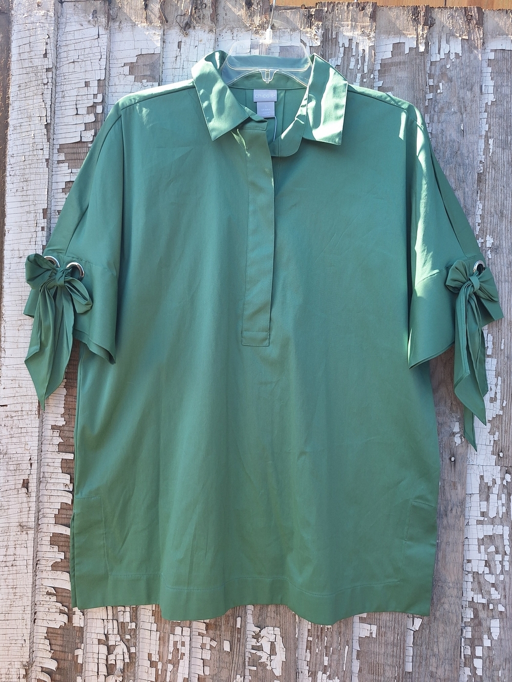 Chico's Poplin Fashion blouse Grommet Detail Tunic Envy Green Size 1 NWT